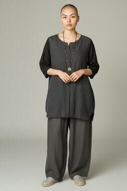 Minimalist Black 100% Linen 3/4 Sleeve Blouse - Korean Chic Aesthetic Large